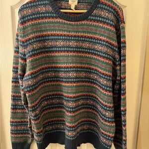 Lands' End Men's Blue and Green Patterned Crewneck Sweater